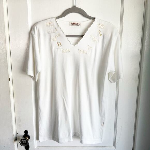 Vintage Meen Embroidered Animal Safari Neckline Classic White Tee T-Shirt M - Picture 1 of 10